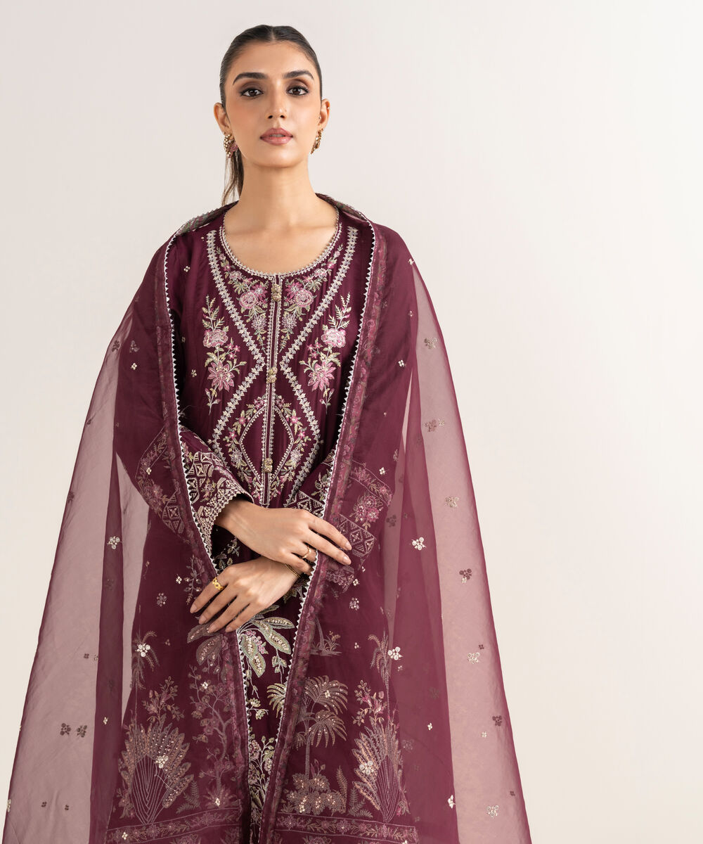 Women's RTW Viscose Raw Silk Embroidered Purple Three Piece Suit