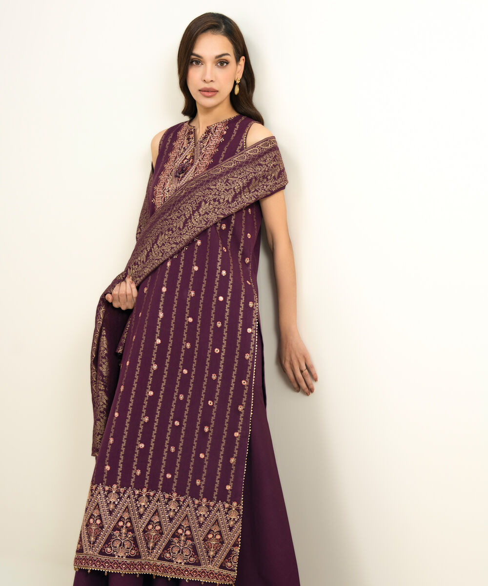 Women's Unstitched Extra Weft Jacquard Embroidered Purple 3 Piece Suit
