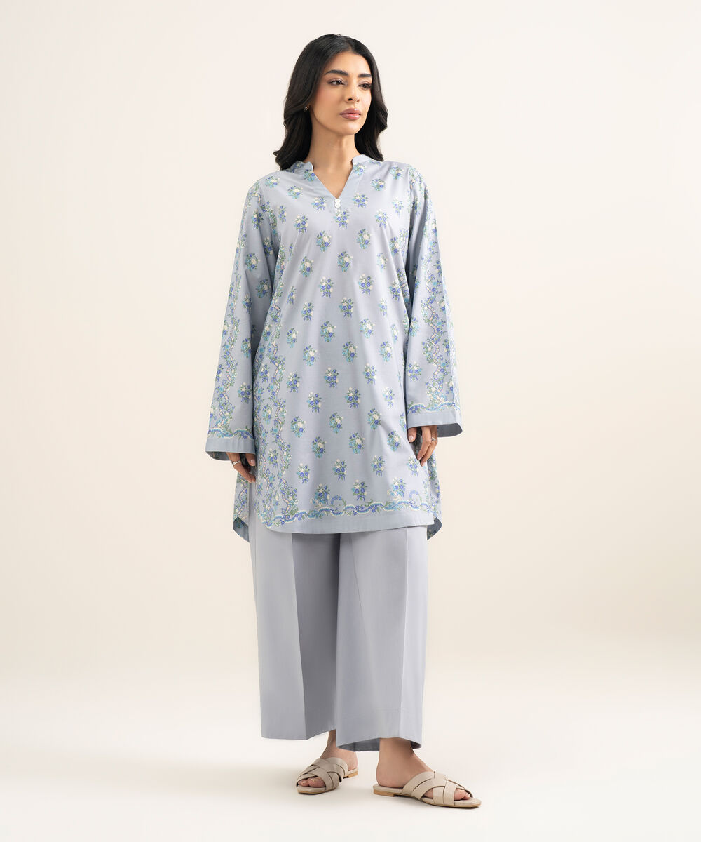 Women's RTW Cotton Viscose Printed Blue Straight Shirt