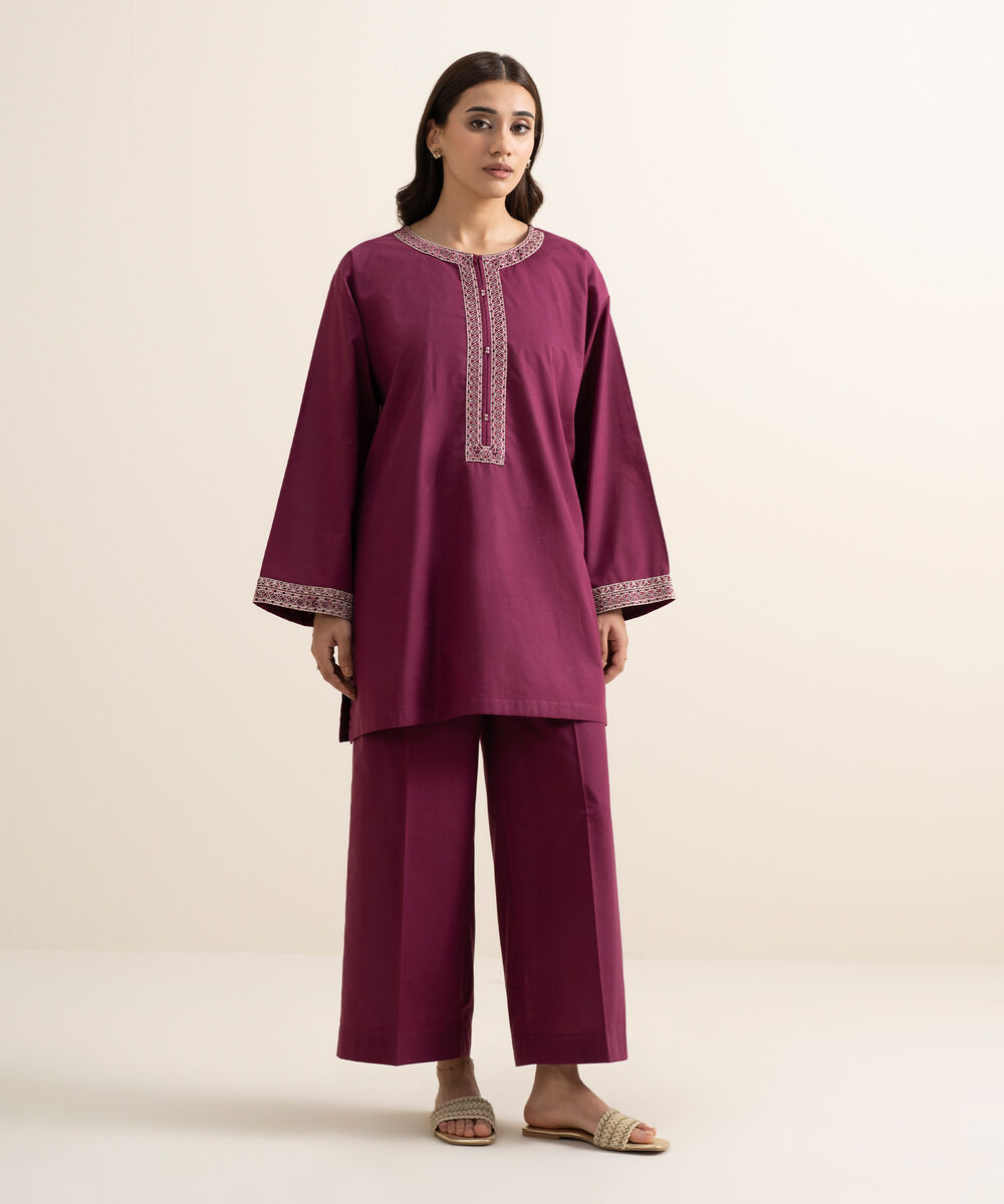 Women's RTW Cambric Embroidered Purple Boxy Shirt