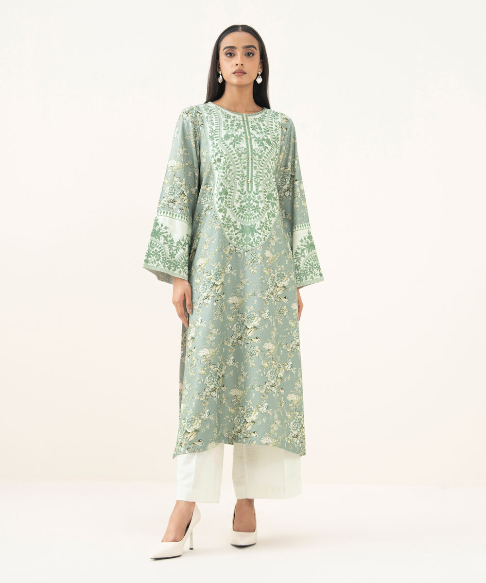 Women's RTW Herringbone Embroidered Green A-Line Shirt