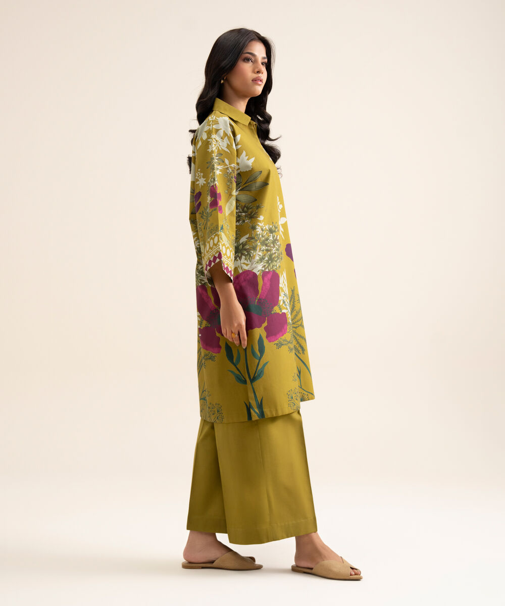 Women's Unstitched Cotton Printed Mustard 2 Piece Suit