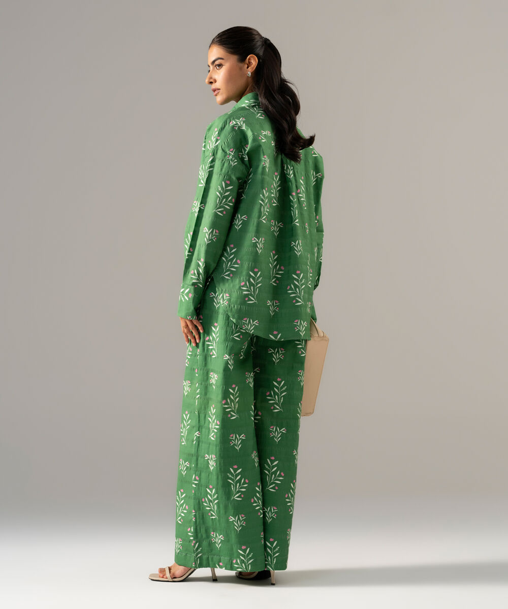 Women's RTW Seersucker Printed Green 2 Piece Suit