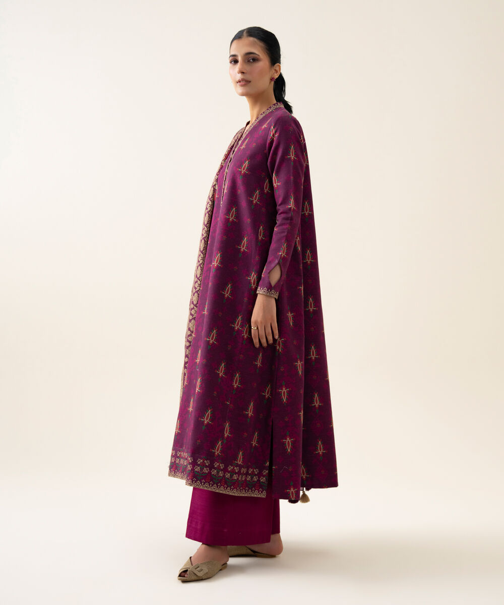Womens Unstitched Light Khaddar Printed Plum 3 Piece Suit