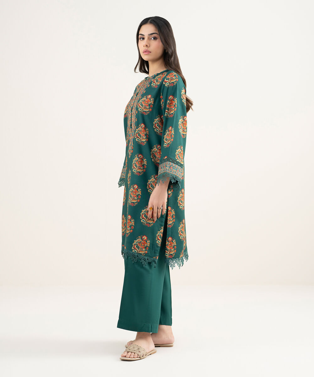 Women's RTW Arabic Cambric Embroidered Dark Green Straight Shirt