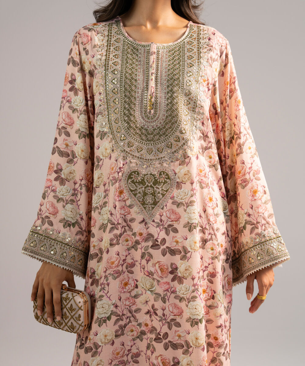 Women's RTW Viscose Raw Silk Embroidered Pink 2 Piece Suit