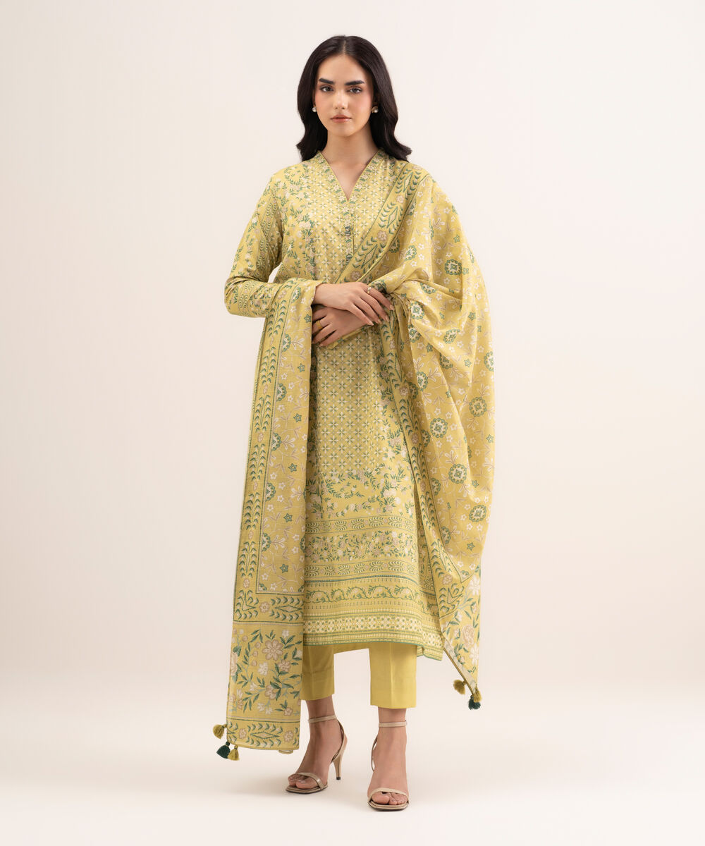 Women's Unstitched Lawn Printed Yellow 3 Piece Suit
