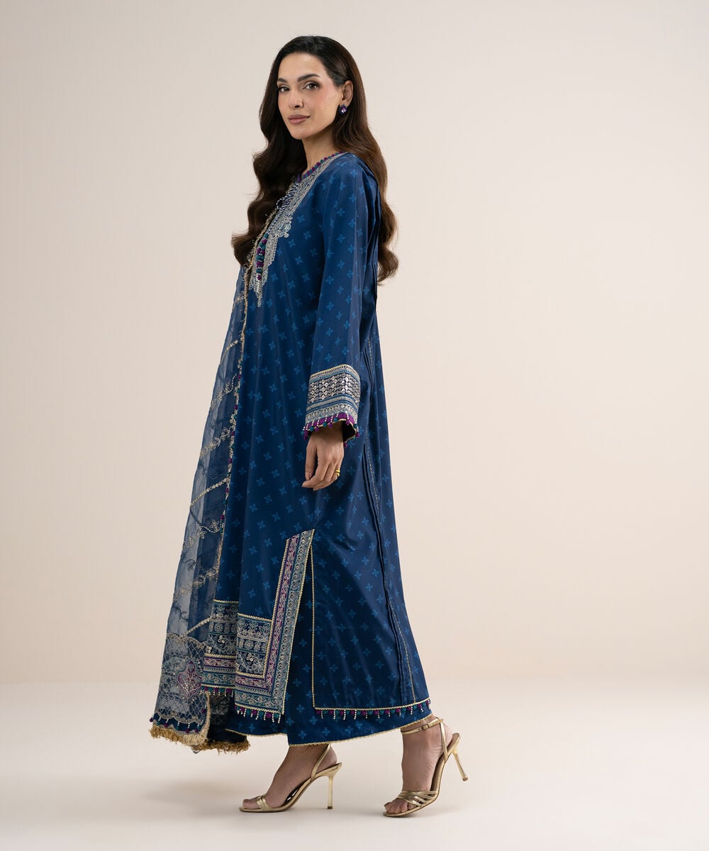 Women's Unstitched Printed Blended Grip Silk Blue 3 Piece Suit