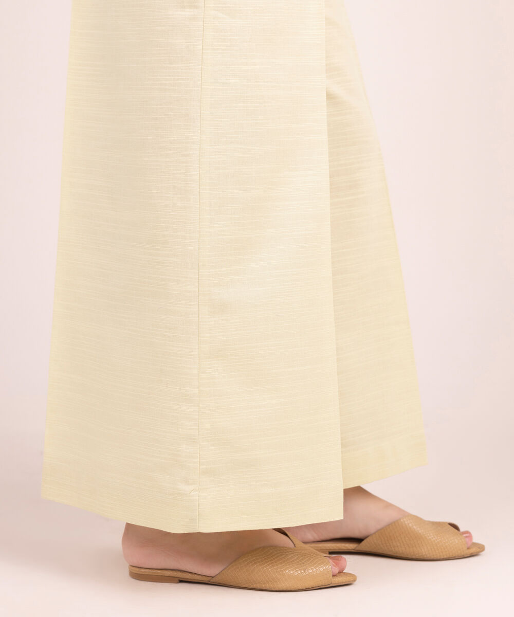 Women's RTW Cotton Solid Off White Flared Pants