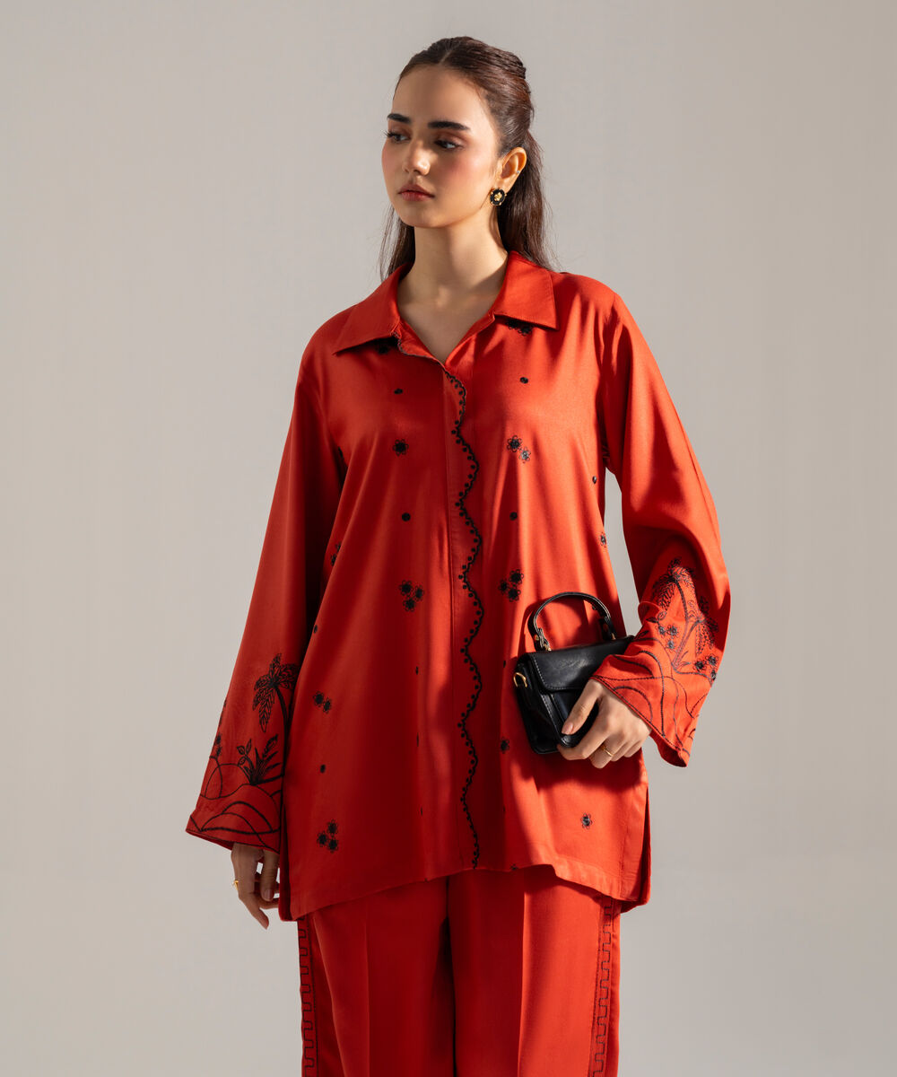 Women's RTW Solid Embroidered Rust Bedford Shirt