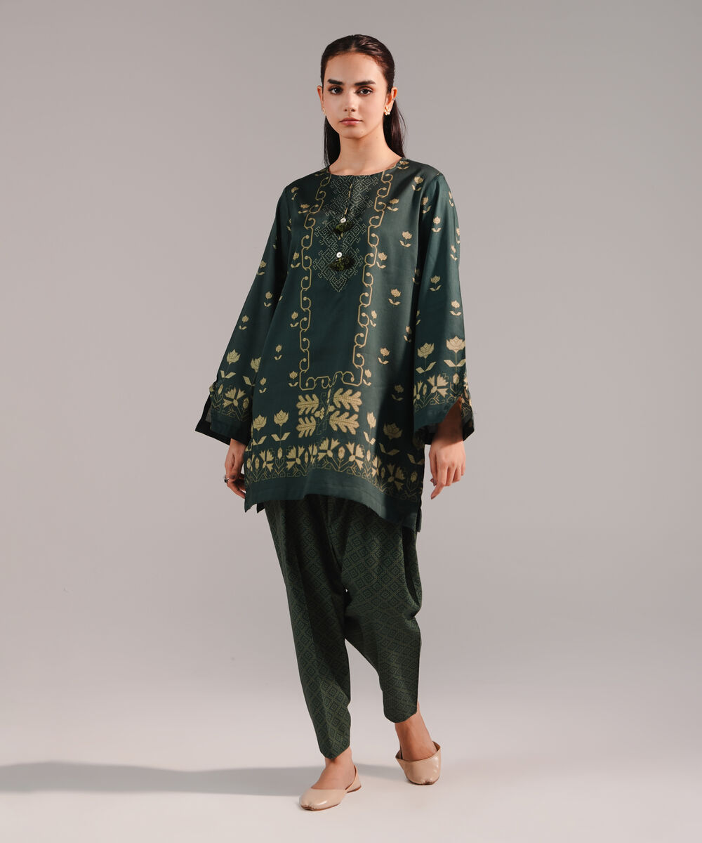 Women's RTW Cotton Satin Printed Dark Green Straight Shirt