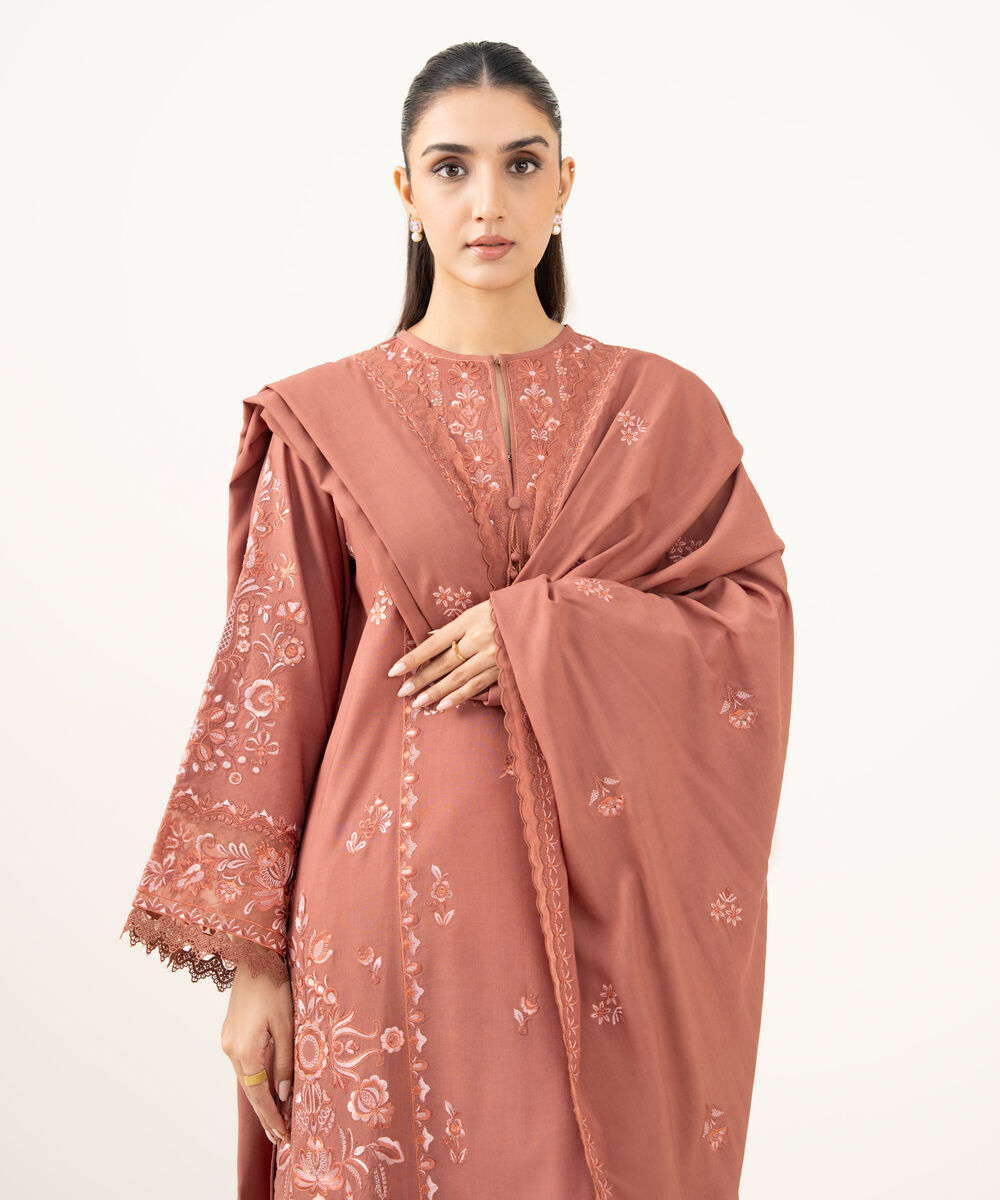 Women's Unstitched Embroidered Linen Dusty Rust 3 Piece Suit
