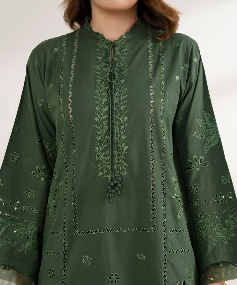 Women's Unstitched Cotton Embroidered Green 3 Piece Suit