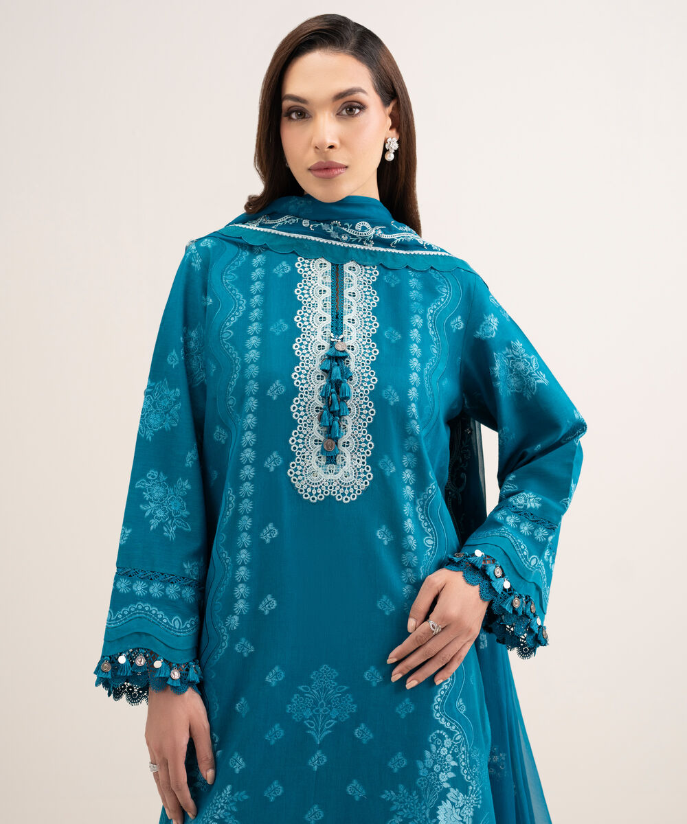 Women's Unstitched Extra Weft Jacquard Embroidered Blue 3 Piece Suit