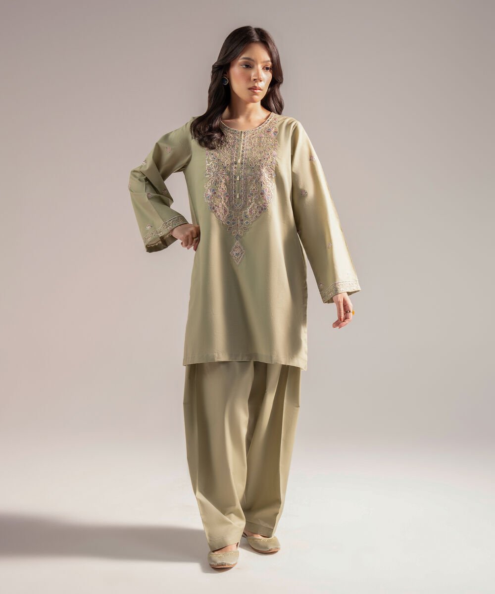 Women's RTW Slub Lawn Embroidered Straight Olive Green Shirt