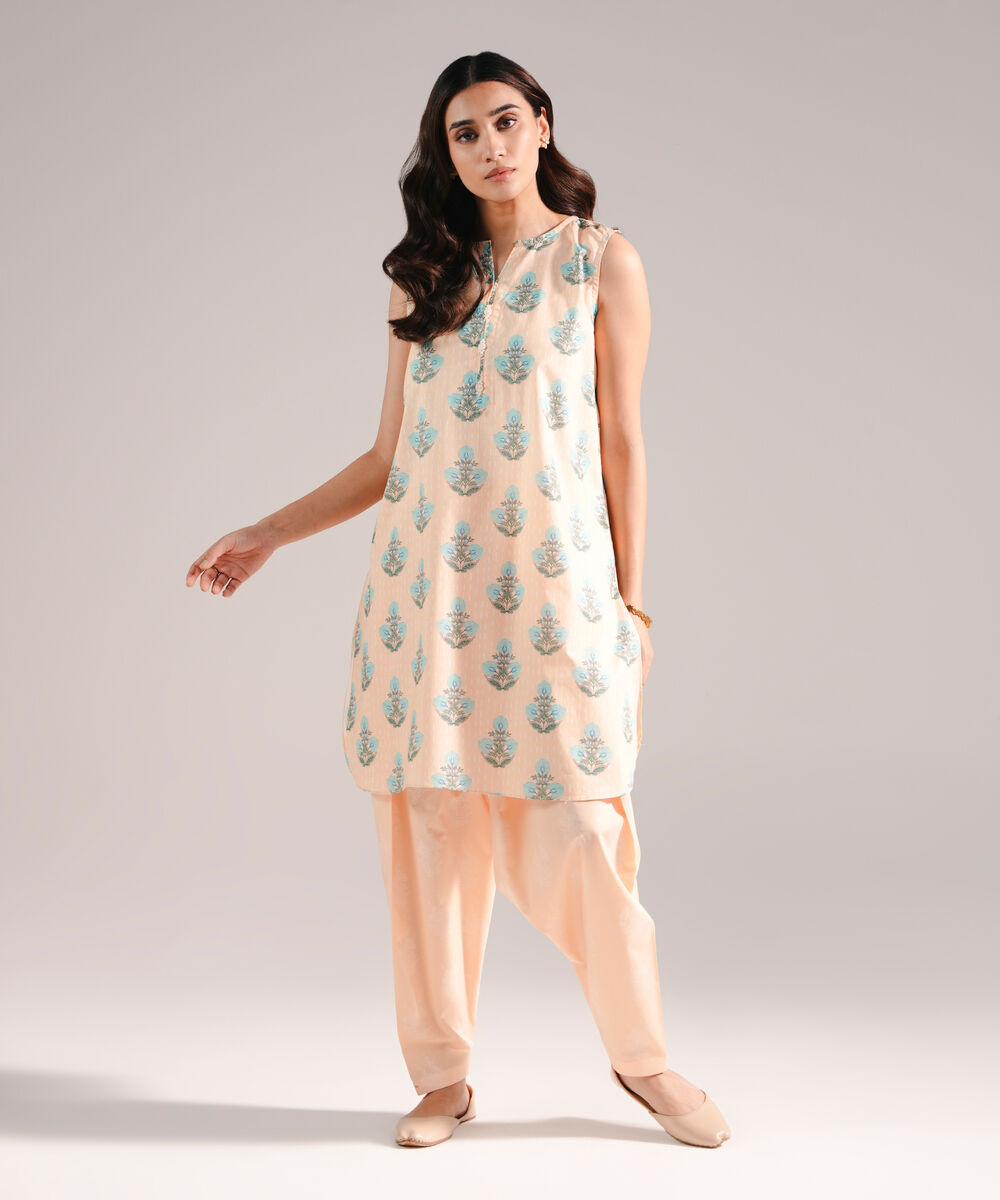 Women's RTW Lawn Printed Peach Straight Shirt