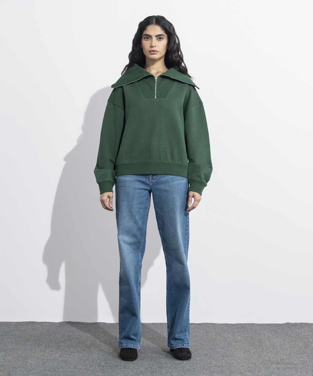 Women's Western Wear Green Zip-Up Interlock Sweatshirt