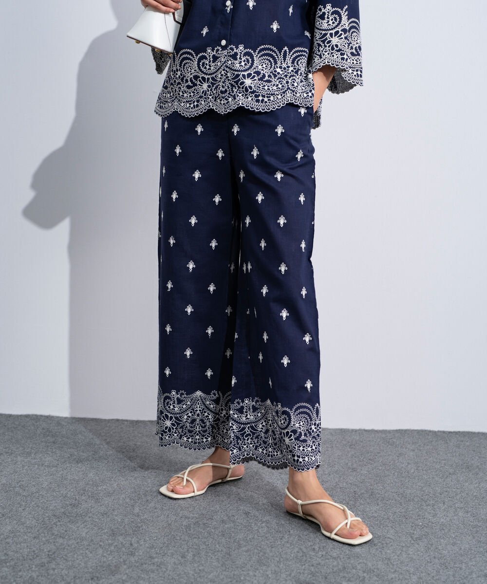Women's Western Navy Embroidered Straight-Fit Trousers