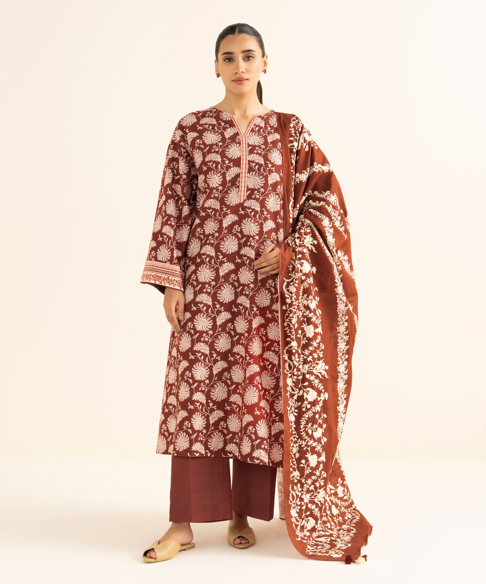 Women's Unstitched Light Khaddar Printed Red 3 Piece Suit