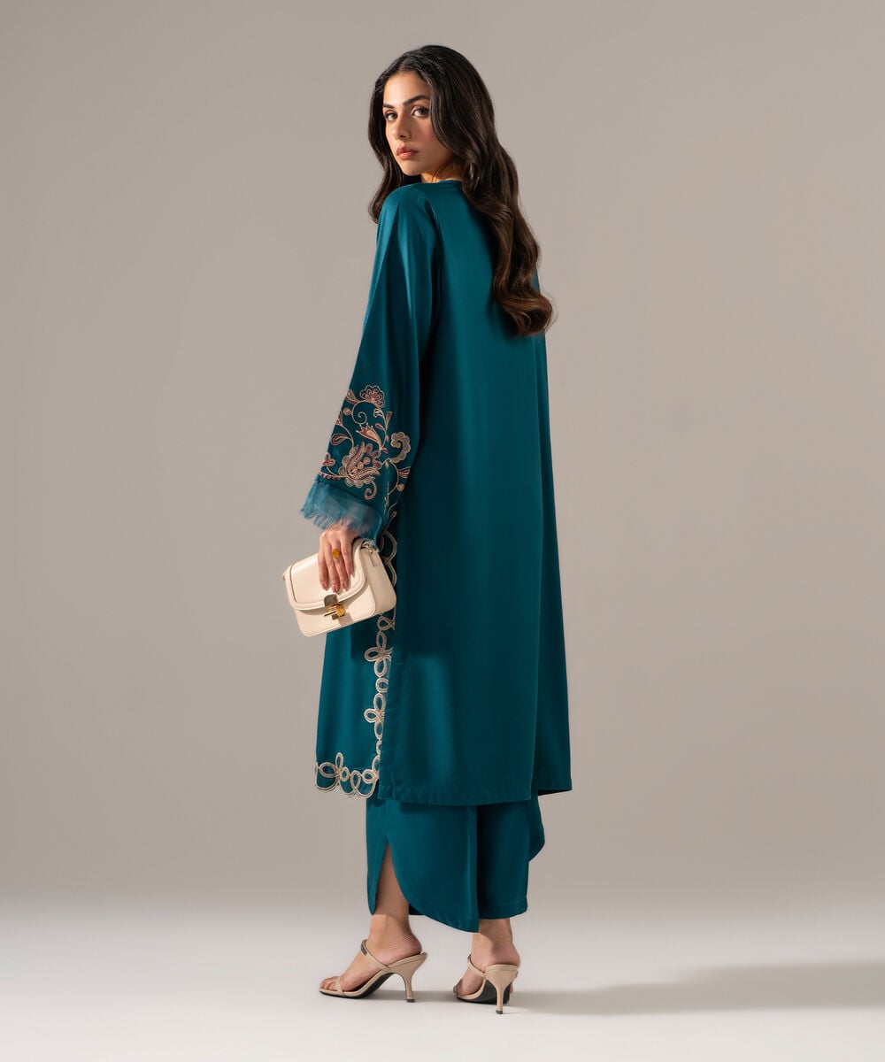 Women's RTW Bedford Solid Embroidered Teal Straight Shirt