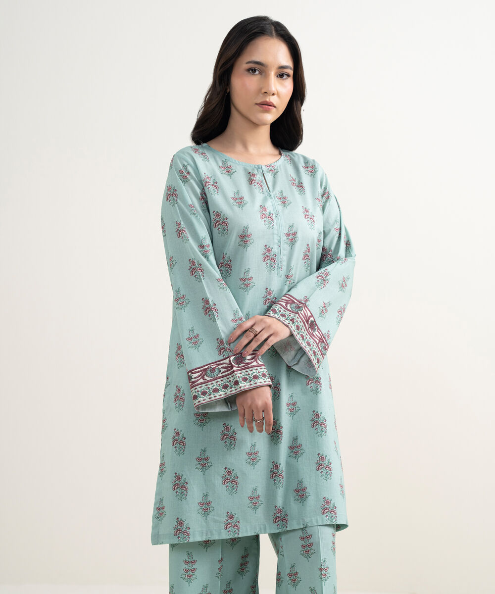 Women's RTW Lawn Printed Sage Green Straight Shirt