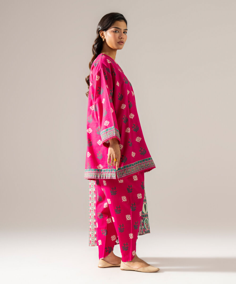 Women's RTW Khaddar Printed Pink 3 Piece Suit