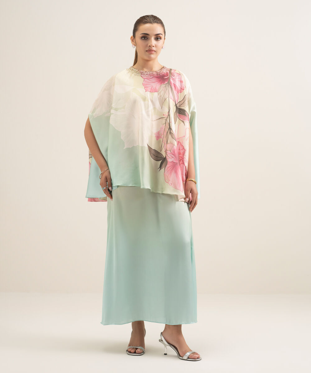 Women's RTW Blended Satin Printed Multi 2 Piece Suit