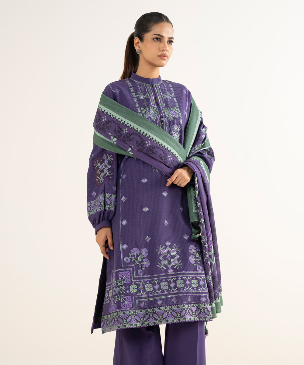 Women's Unstitched Dobby Embroidered Purple 3 Piece Suit