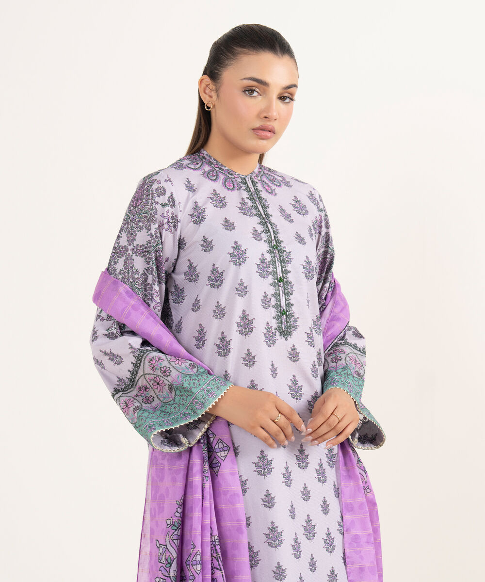 Women's Unstitched Lawn Embroidered Lilac Three Piece Suit