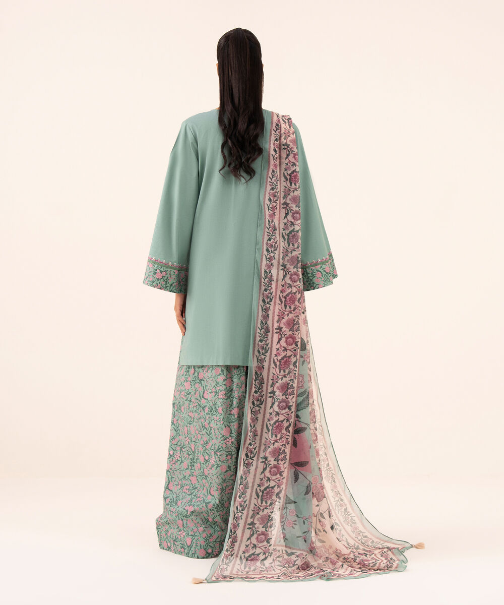 Women's Unstitched Cotton Viscose Embroidered Green 3 Piece Suit