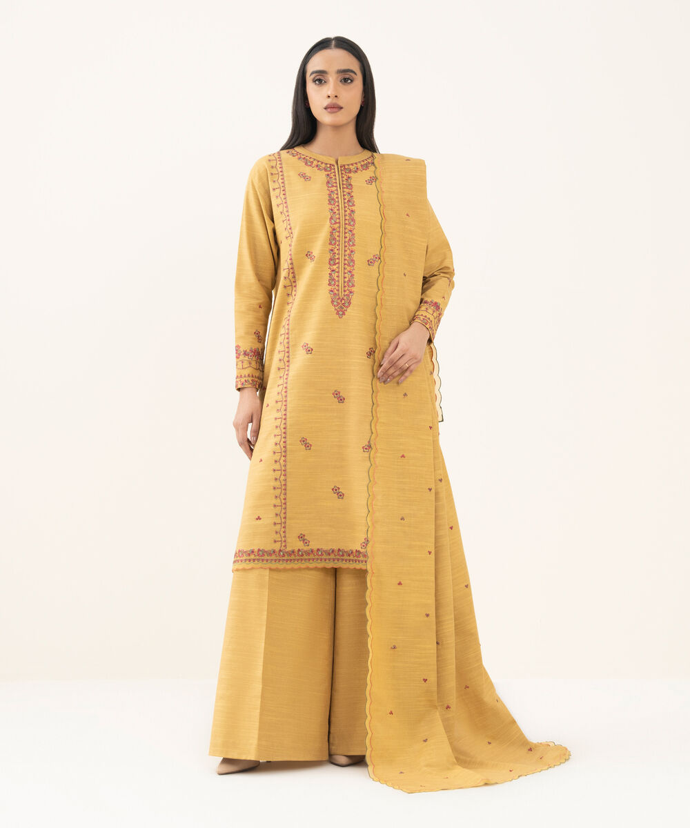 Women's Unstitched Embroidered Khaddar Yellow 3 Piece Suit