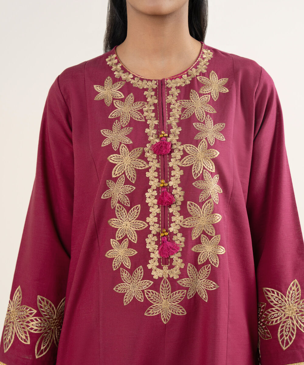Women's RTW Light Khaddar Embroidered Pink A-Line Shirt