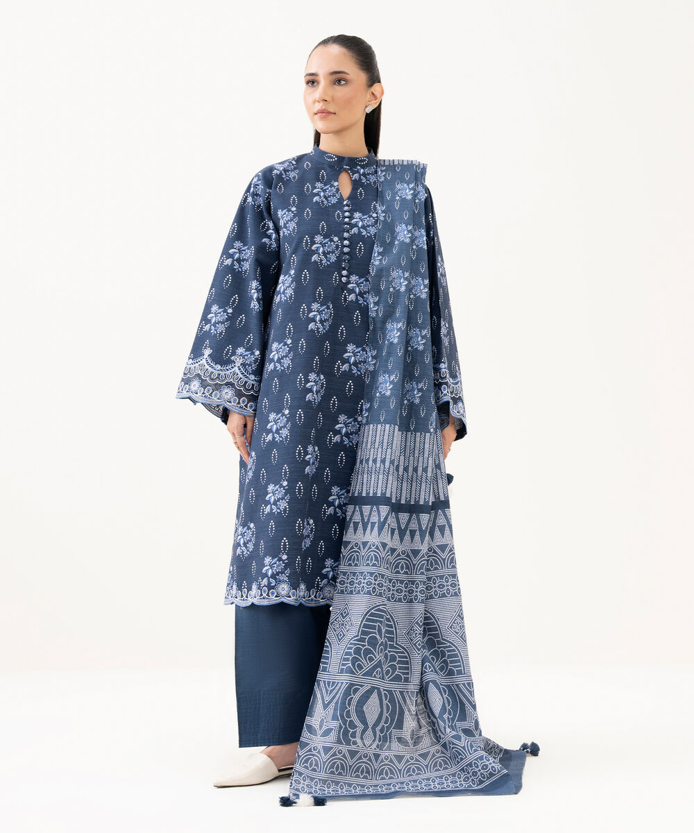 Women's Unstitched Khaddar Embroidered Blue 3 Piece Suit