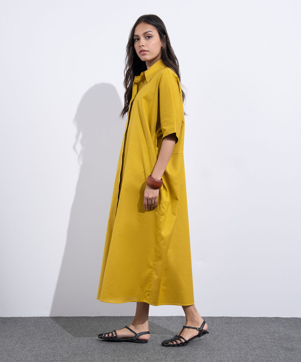 Women's Western Wear Mustard Short Sleeved Linen Blend Dress