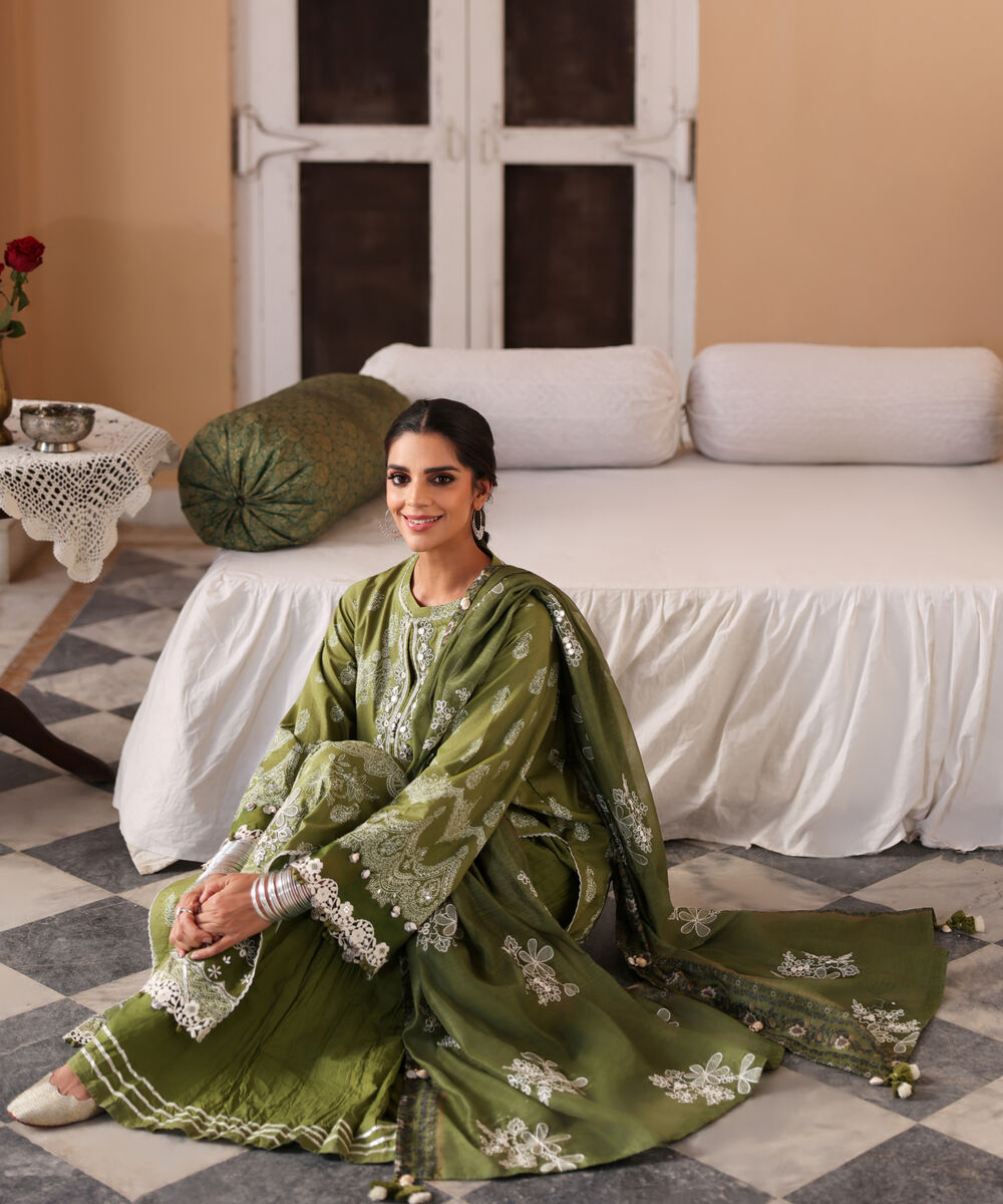 Women's Unstitched Lawn Embroidered Green 3 Piece Suit