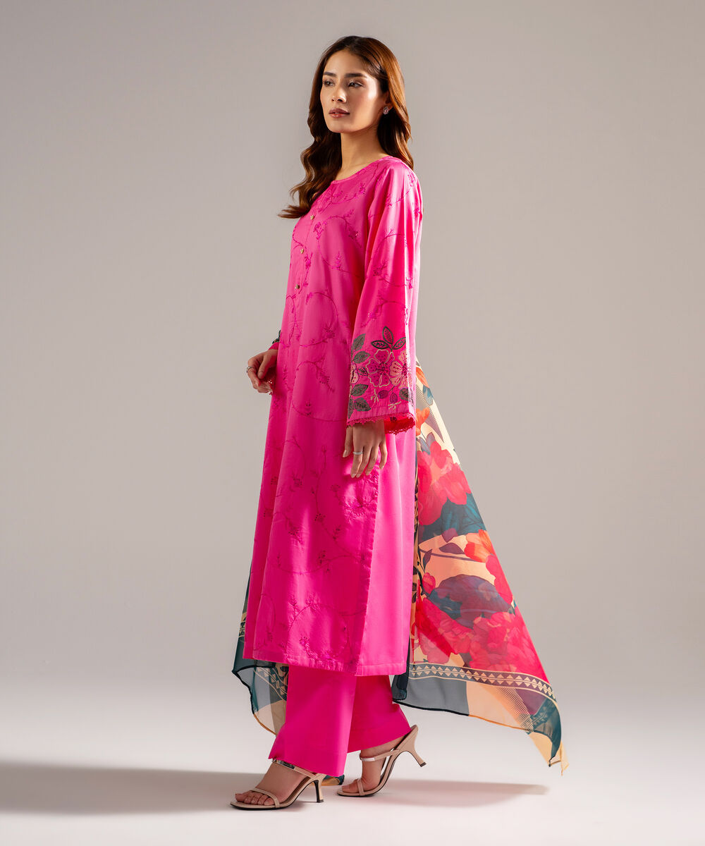 Women's RTW Cotton Satin Embroidered Pink 3 Piece Suit