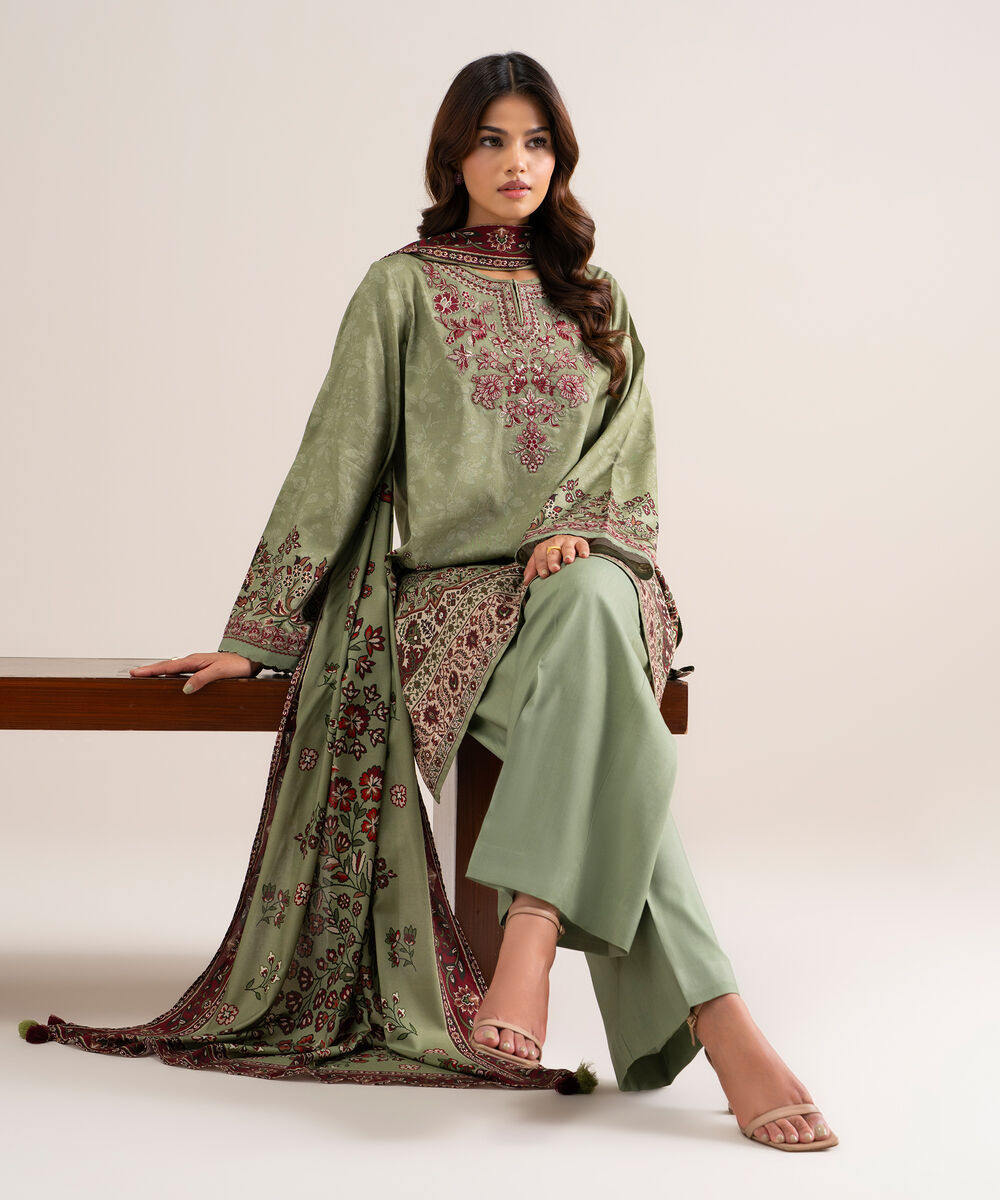 Women's Unstitched Printed Cotton Viscose Moss Green 3 Piece Suit