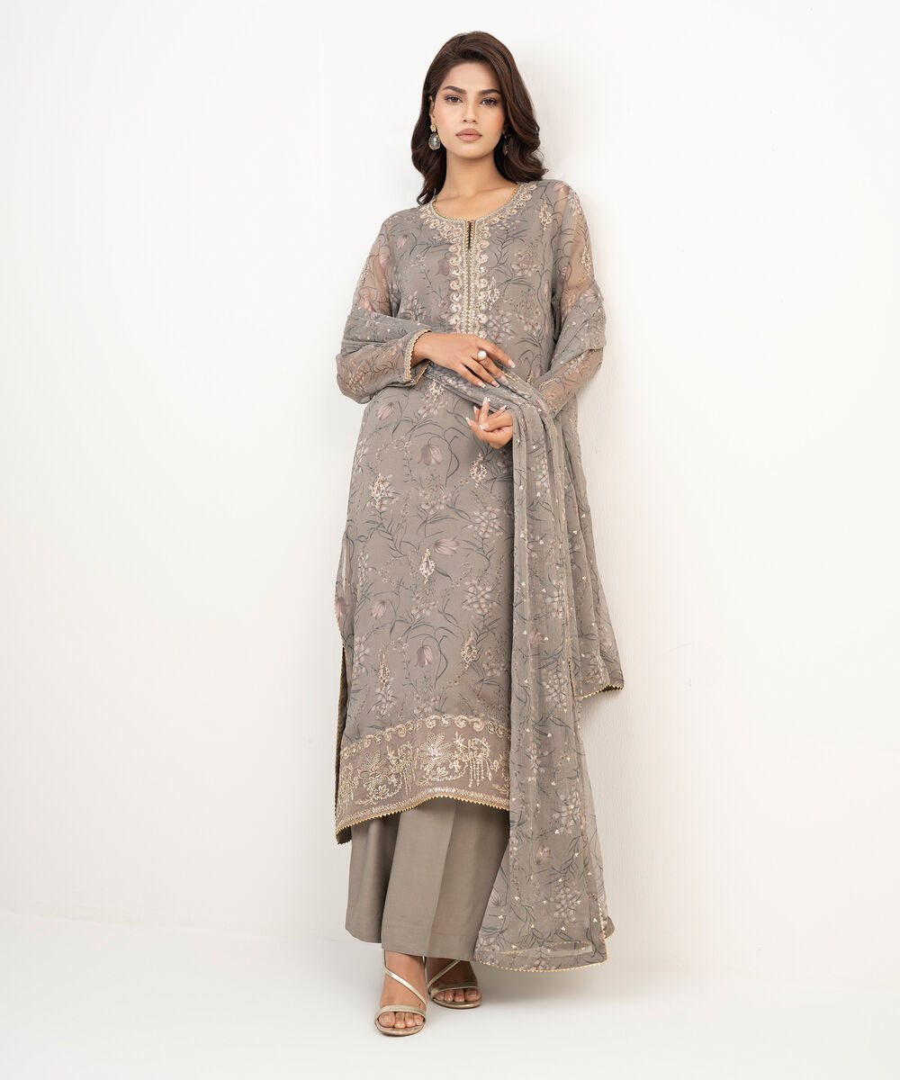 Women's RTW Blended Chiffon Embroidered Dark Beige 3 Piece Suit