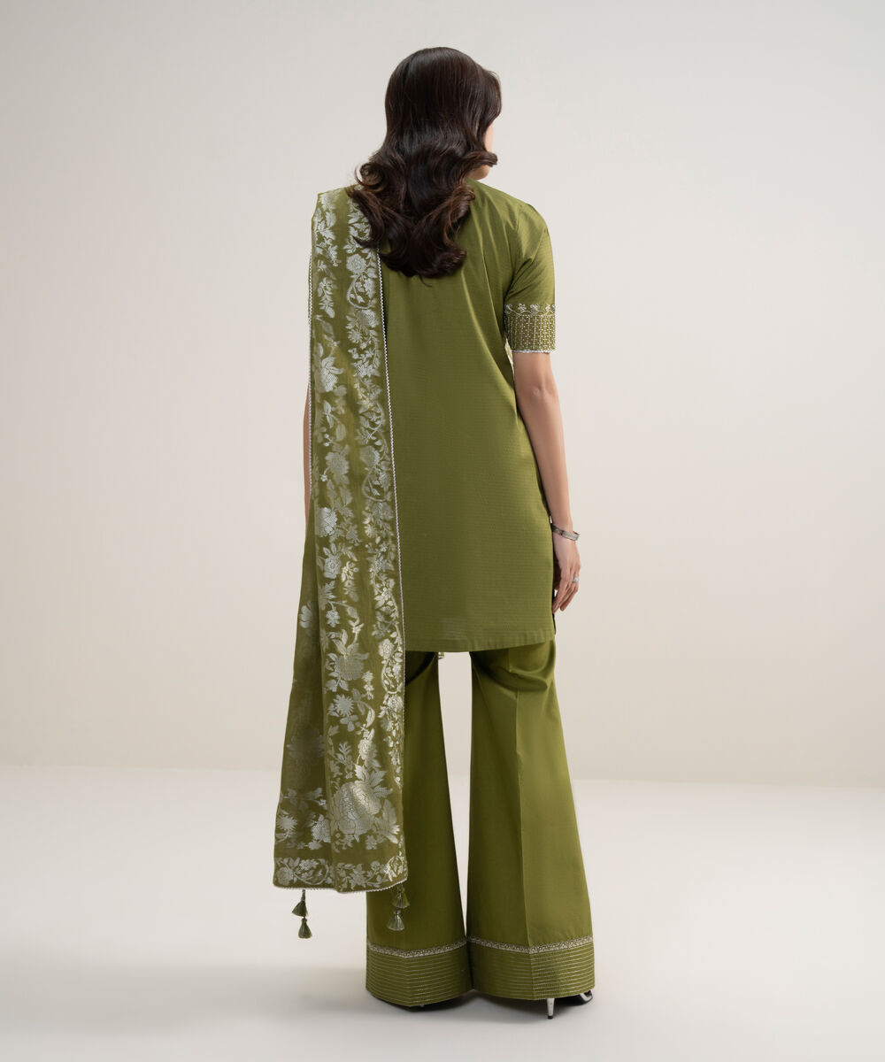 Women's Unstitched Dobby Embroidered Green 3 Piece Suit