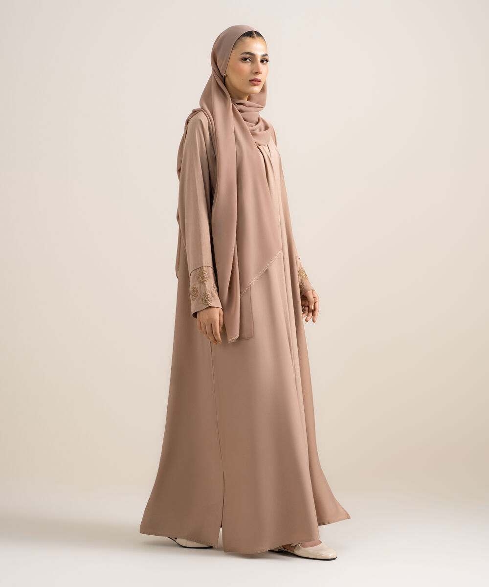 Women's Rose Brown Embellished Abaya Set