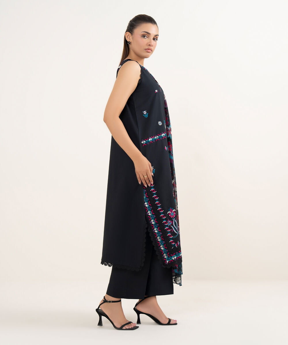 Women's Unstitched Dobby Embroidered Black Two Piece Suit