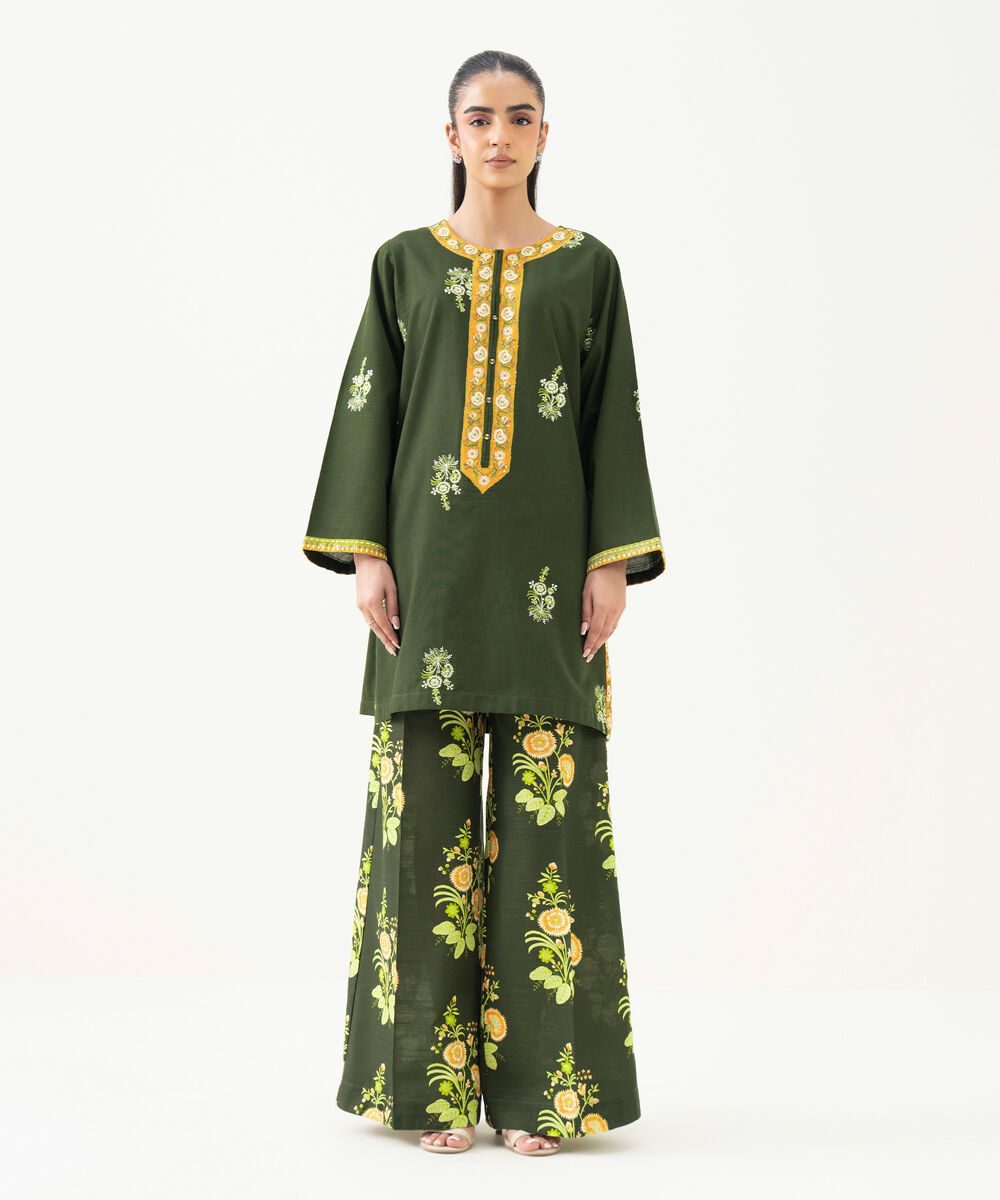 Women's RTW Cambric Green Embroidered Straight Shirt