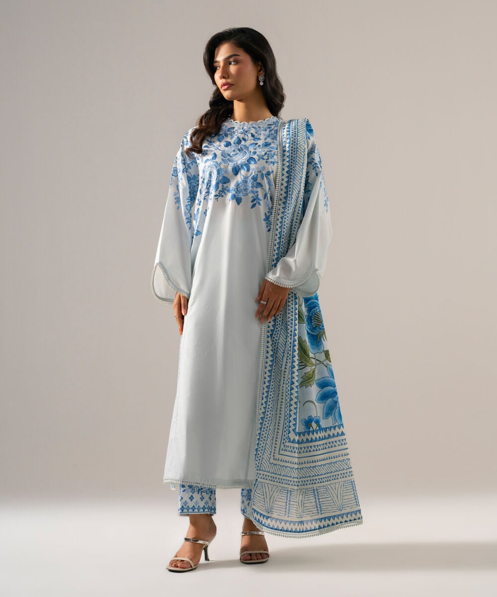 Women's RTW Cambric Solid Embroidered Blue 3 Piece Suit