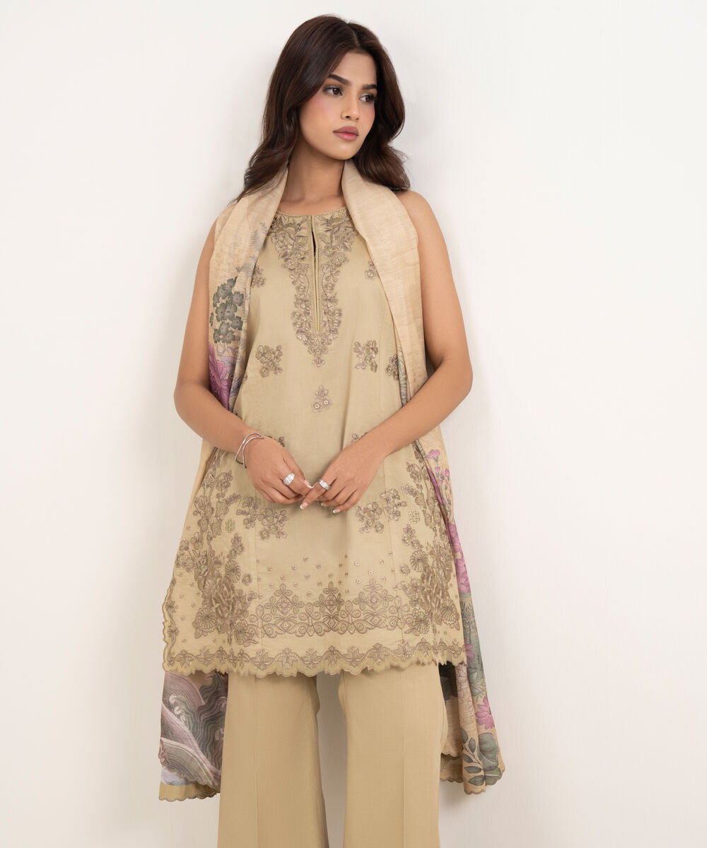 Women's Unstitched Textured Lawn Beige Embroidered 3 Piece Suit
