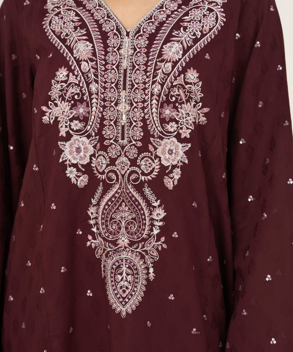 Women's RTW Self Jacquard Leno Embroidered Maroon A-Line Shirt