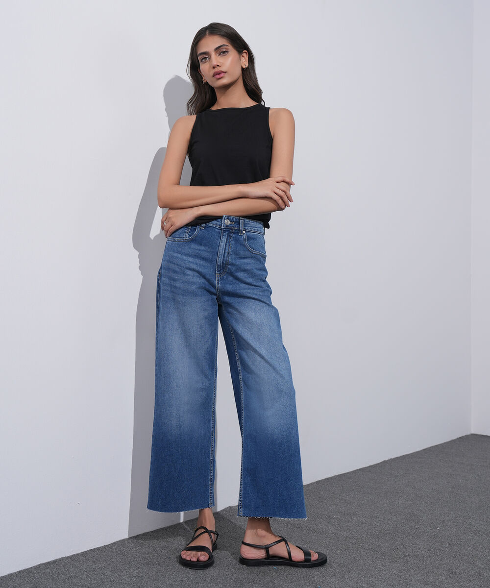 Women's Western Wear Blue Cropped Wide Leg Jeans