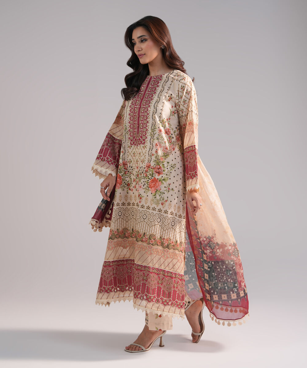 Women's RTW Lawn Embroidered Beige 3 Piece Suit