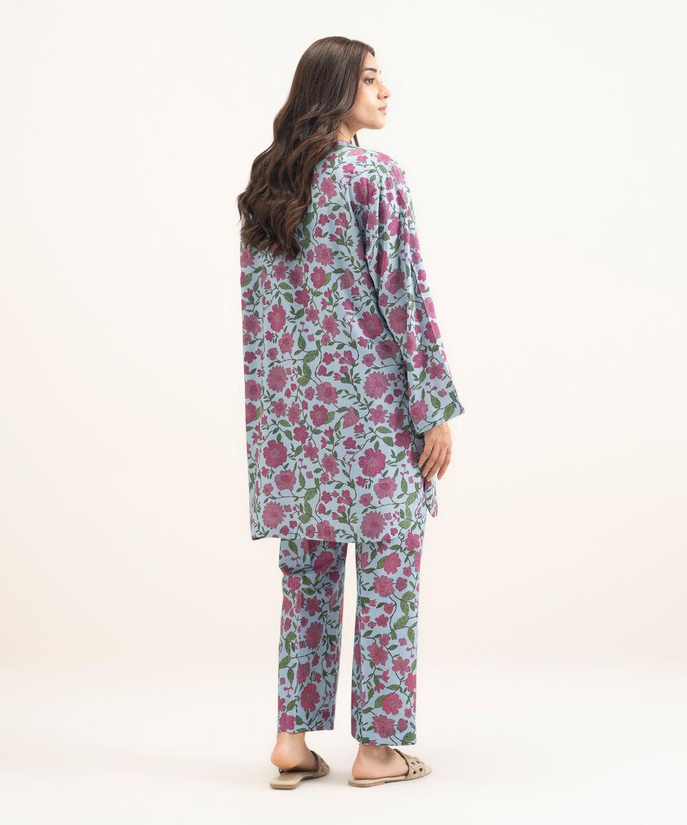 Women's RTW Arabic Lawn Printed Blue Drop Shoulder Shirt