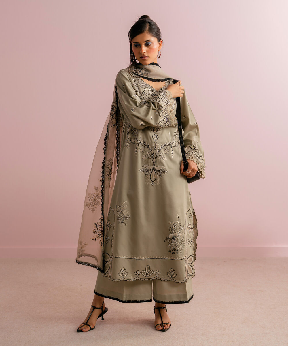 Women's RTW Cotton Satin Embroidered Grey 3 Piece Suit