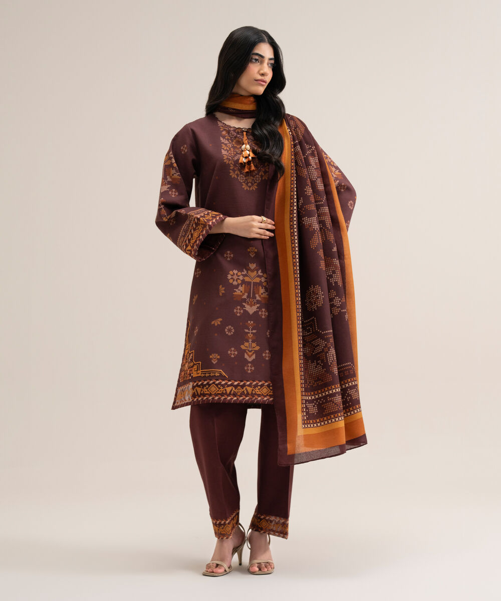 Women's Unstitched Cotton Printed Brown 3 Piece Suit